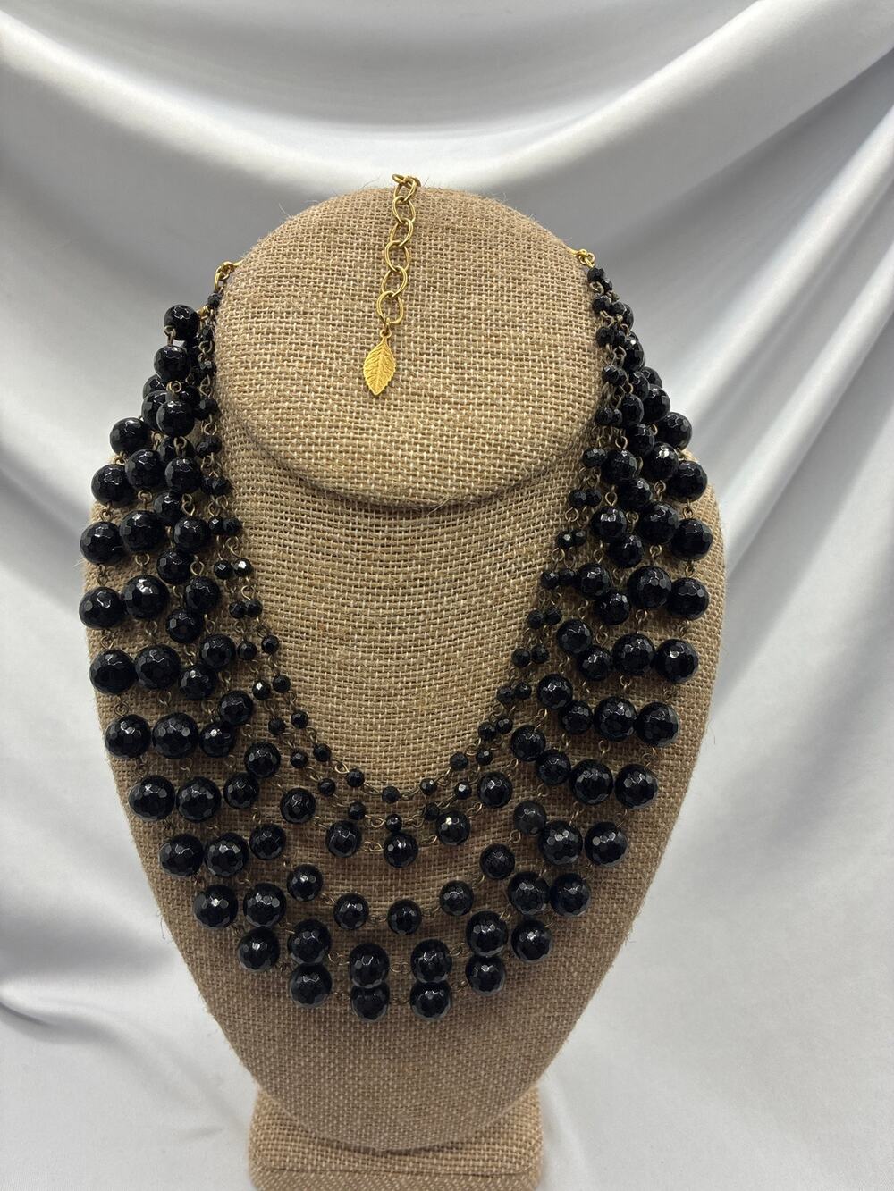 David Aubrey Multi Strand Black Glass Bead Statement Bib Necklace Gold Extender